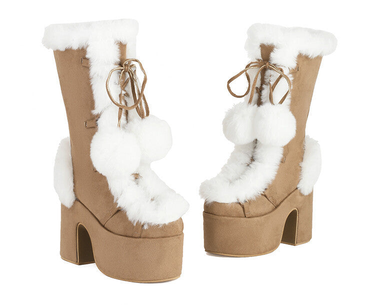 Women's Mid-Calf Chunky Heel Furry Boots – Suede Platform Winter Boots