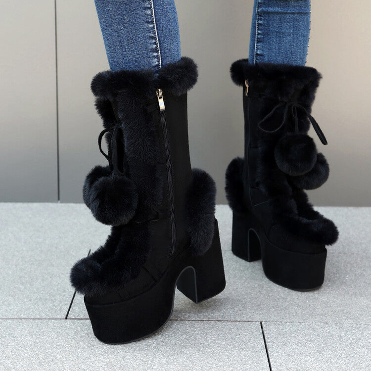 Women's Mid-Calf Chunky Heel Furry Boots – Suede Platform Winter Boots