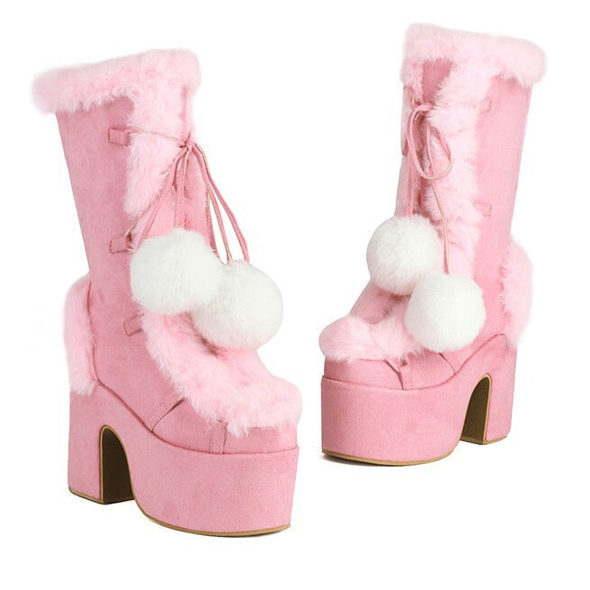 Women's Mid-Calf Chunky Heel Furry Boots – Suede Platform Winter Boots