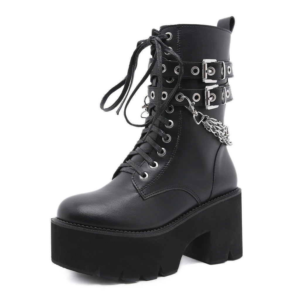 Women's Chunky Heel Platform Boots Side Zip Rivet Belt Buckle Mid-Calf Boots