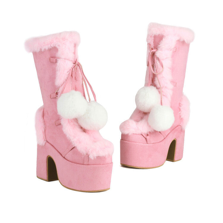 Women's Mid-Calf Chunky Heel Furry Boots – Suede Platform Winter Boots